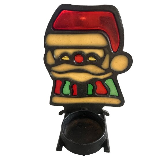Vintage Santa Stained Glass-Style Metal Candle Holder - Picture 2 of 6